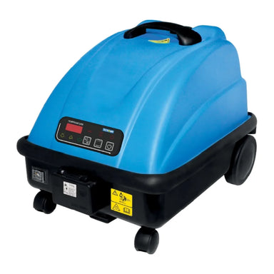JS 1600C steam cleaner from above, showing the carry handle, water tank cap and digital display
