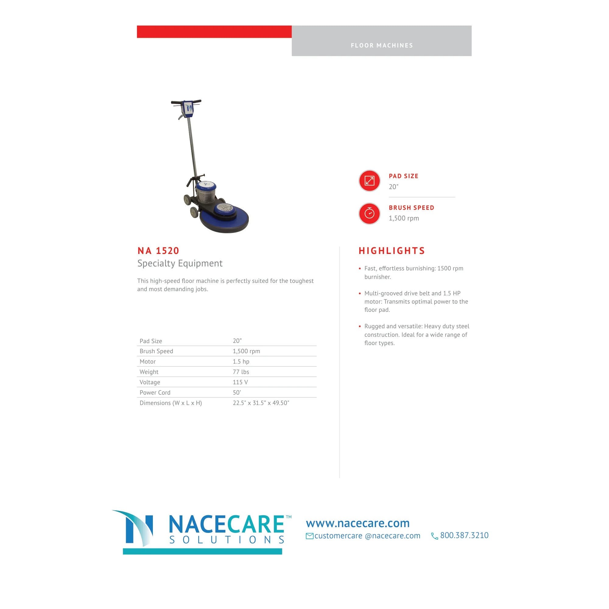 NaceCare NA 1520 spec sheet with 20-inch pad size, 1,500 rpm speed, 1.5 hp motor and 50 ft cord
