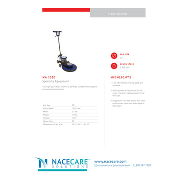 NaceCare NA 1520 spec sheet with 20-inch pad size, 1,500 rpm speed, 1.5 hp motor and 50 ft cord