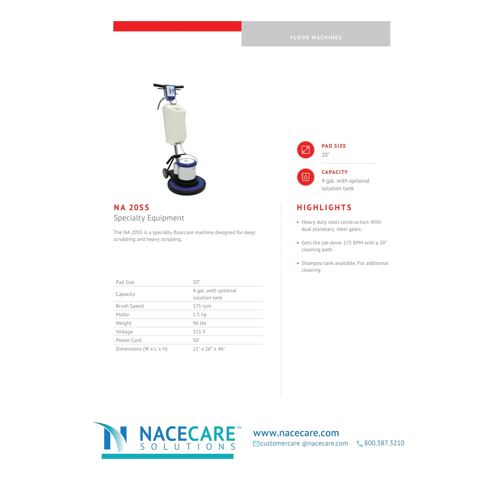 NaceCare NA 20SS spec sheet with pad size, 175 rpm brush speed, 1.5 hp motor and 96 lb weight