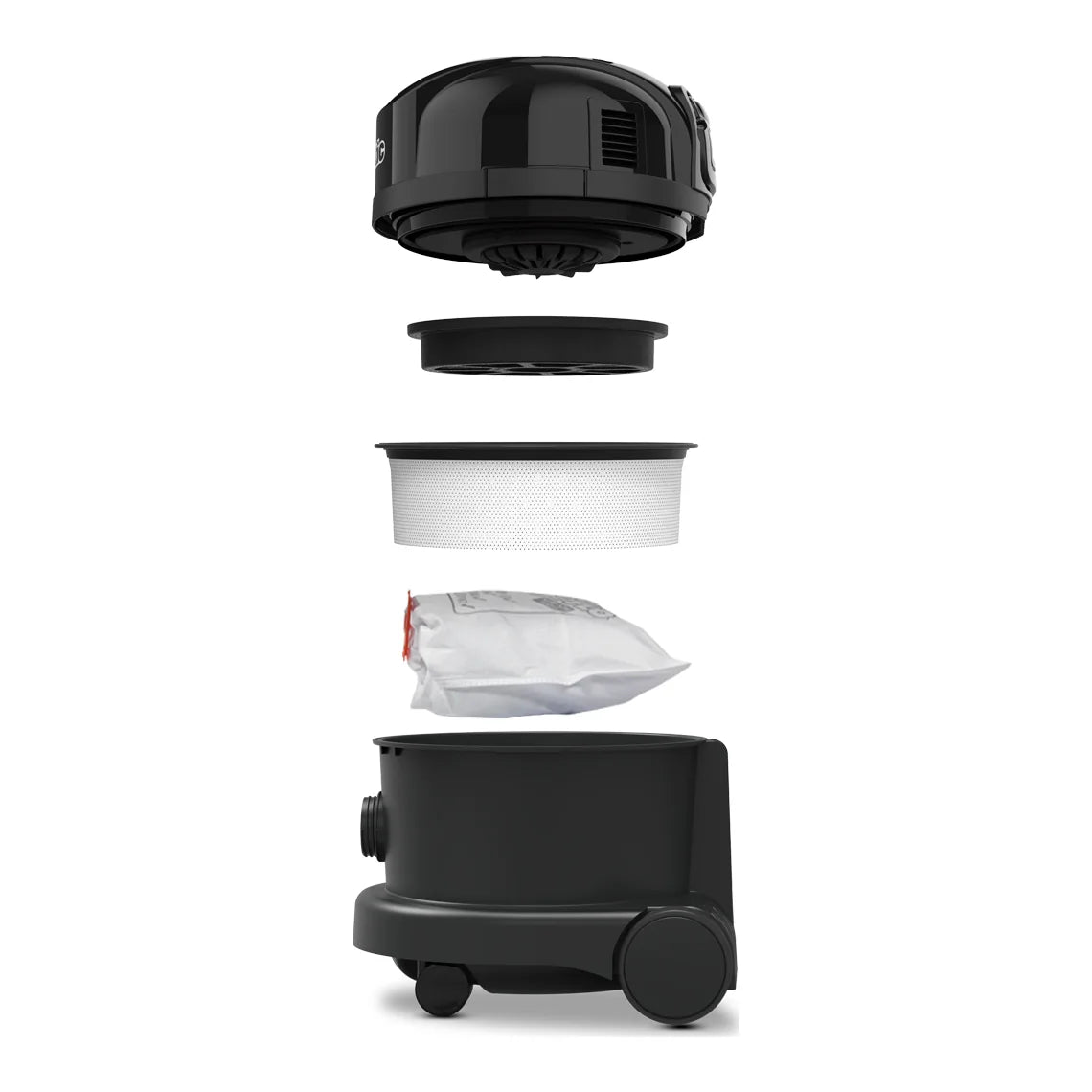 Exploded view of the NBV 240NXH showing the motor head, HEPA filter, bag and tank