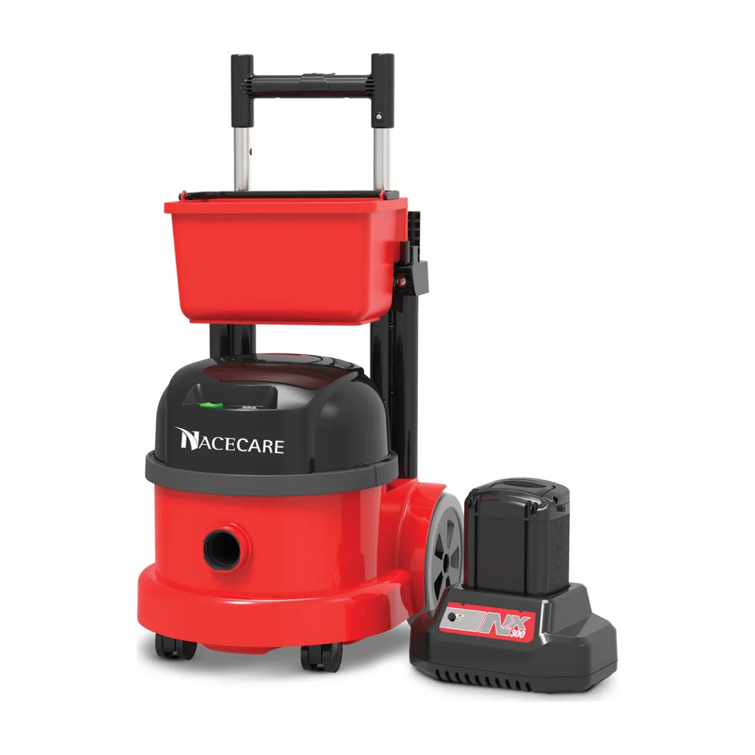 NaceCare NBV 290NX cordless canister vacuum with telescopic pull handle and supply caddy, front angle