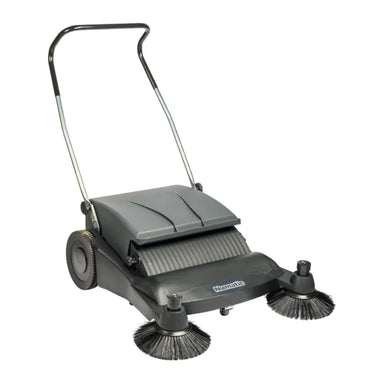 NaceCare NC 3 manual push sweeper at an angle, showing the push handle, hopper and side brooms