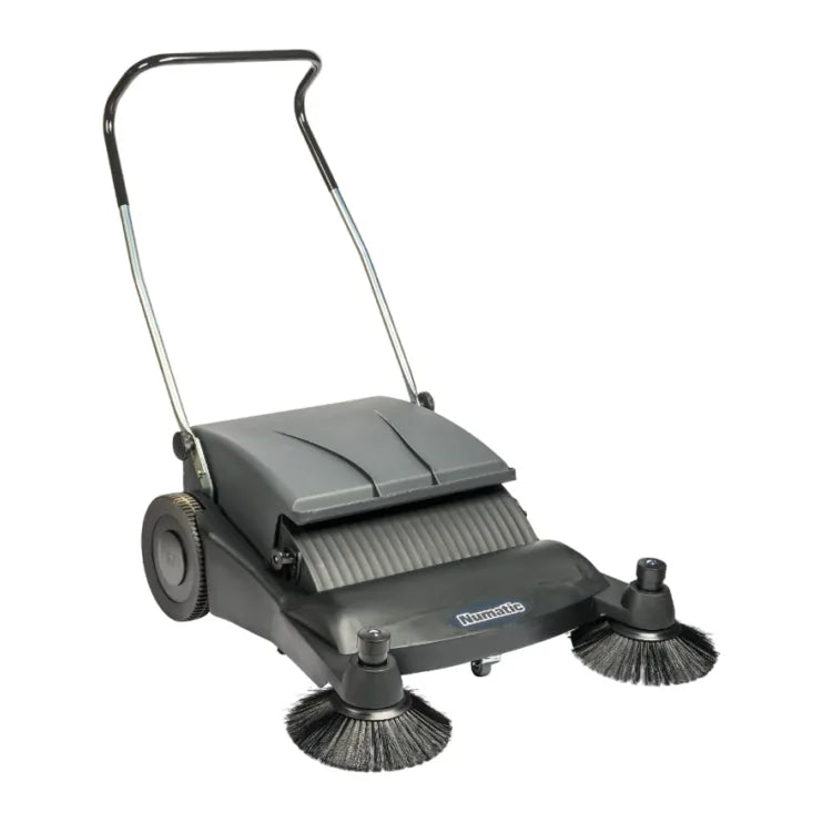 NaceCare NC 3 manual push sweeper at an angle, showing the push handle, hopper and side brooms