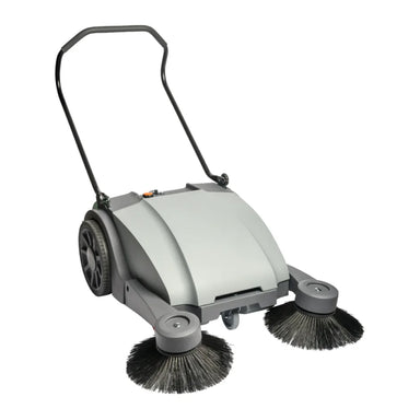 NaceCare NC 4 manual sweeper at an angle, showing the push handle, grey housing and two side brooms