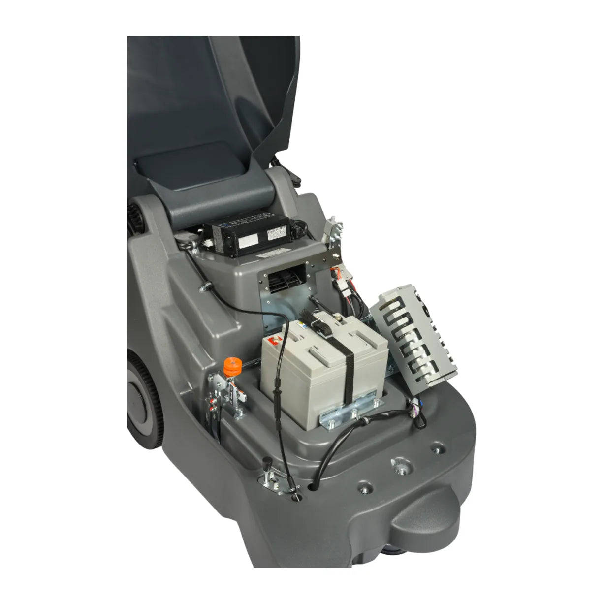 Close-up inside the NC 5 with the hood raised, showing the battery and internal components