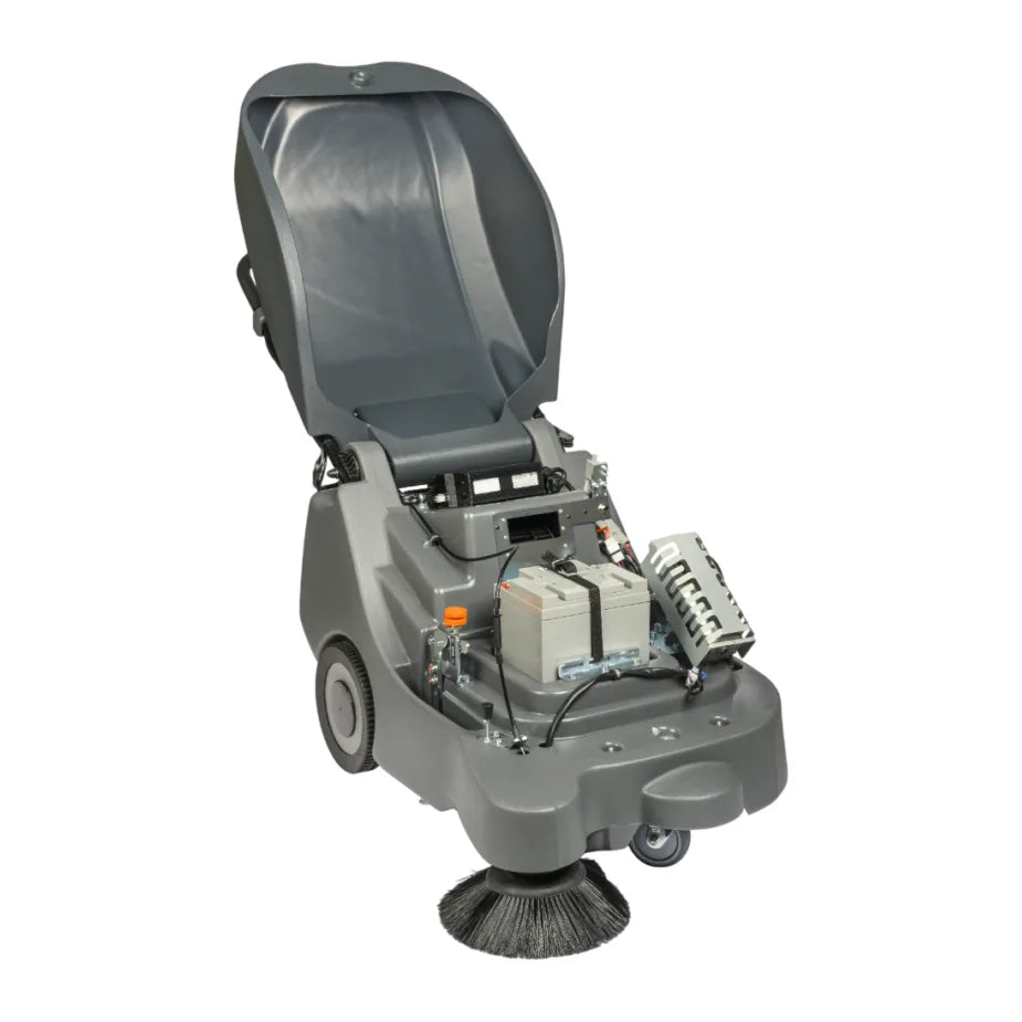NC 5 battery sweeper with the hood raised, showing the battery compartment