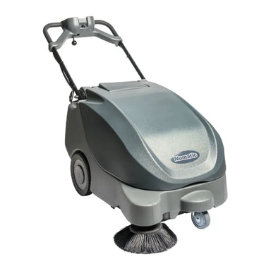 NaceCare NC 5 battery sweeper at an angle, showing the push handle, hopper housing and side broom