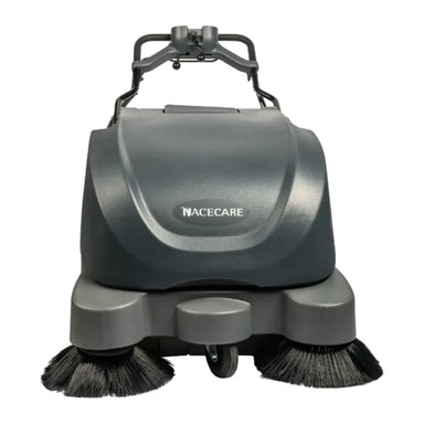 NaceCare NC 9 36-inch battery walk-behind sweeper, front view showing both side brooms
