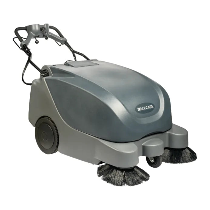 NaceCare NC 9 battery sweeper seen from the left side, with the walk-behind handle, debris hopper and front side brooms