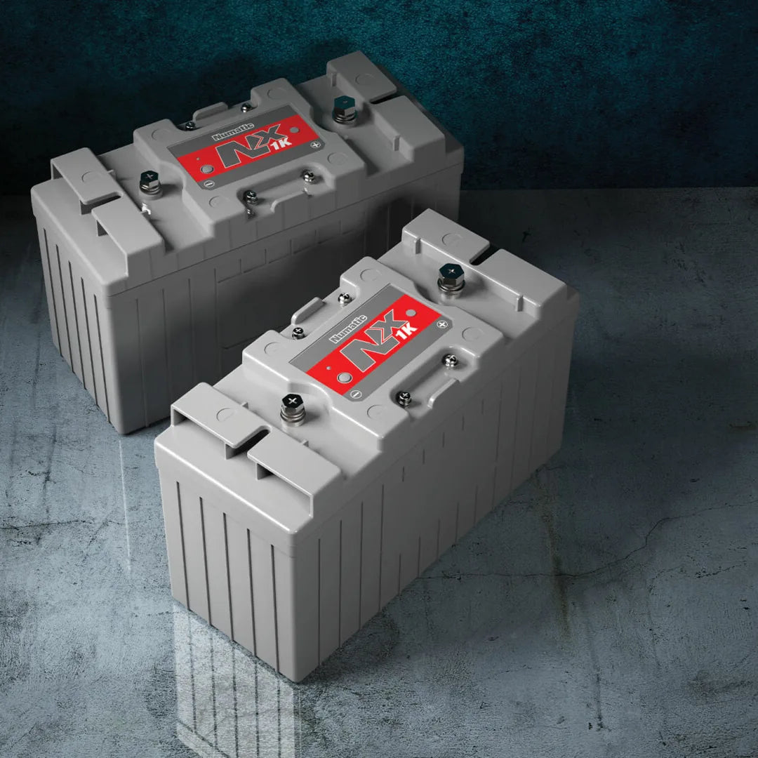 Two NaceCare NX1K batteries side by side on a dark floor