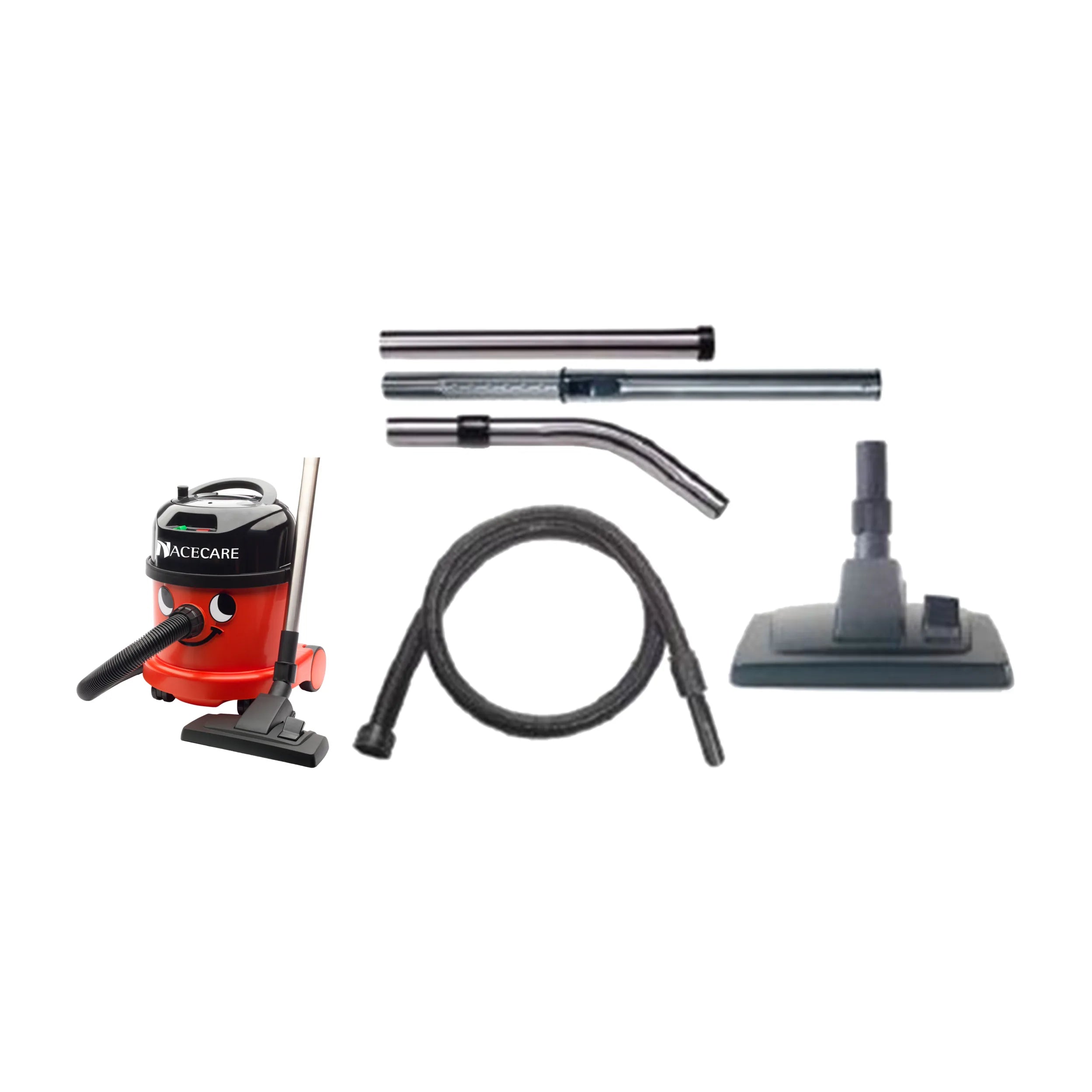 PPR 380 canister vacuum next to the AST2 kit: 9 ft hose, telescopic wand and 12-inch combo floor tool