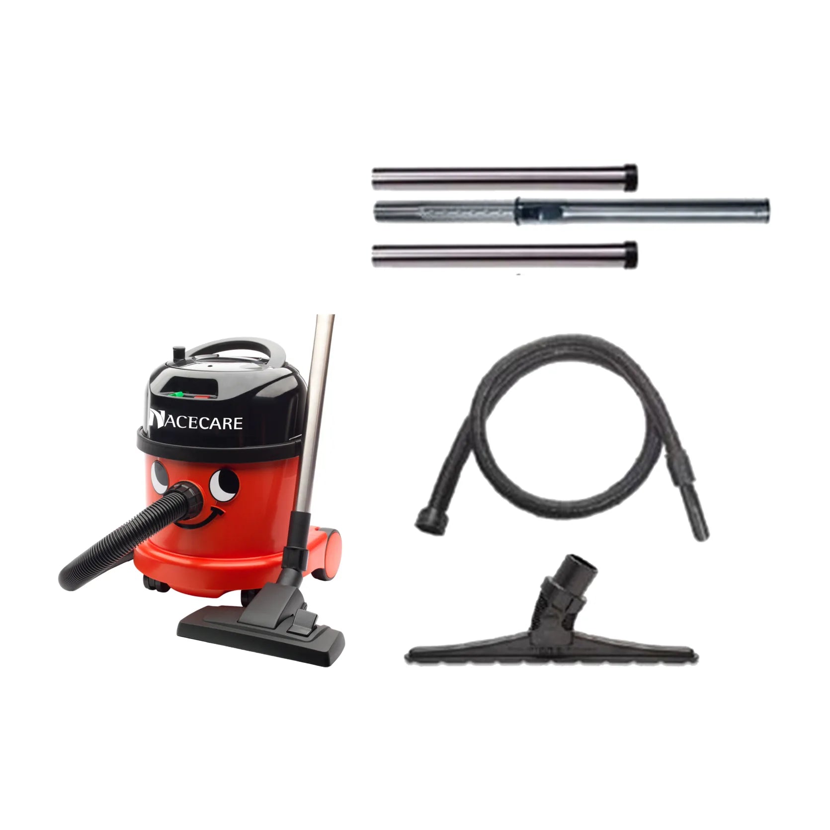 PPR 380 canister vacuum next to the AST6 kit with 15-inch carpet productivity tool, wands and hose