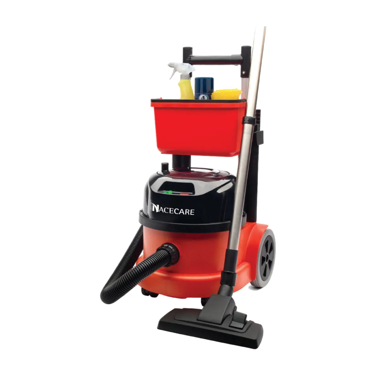 NaceCare PPR 390 trolley canister vacuum with storage basket on top, angled view