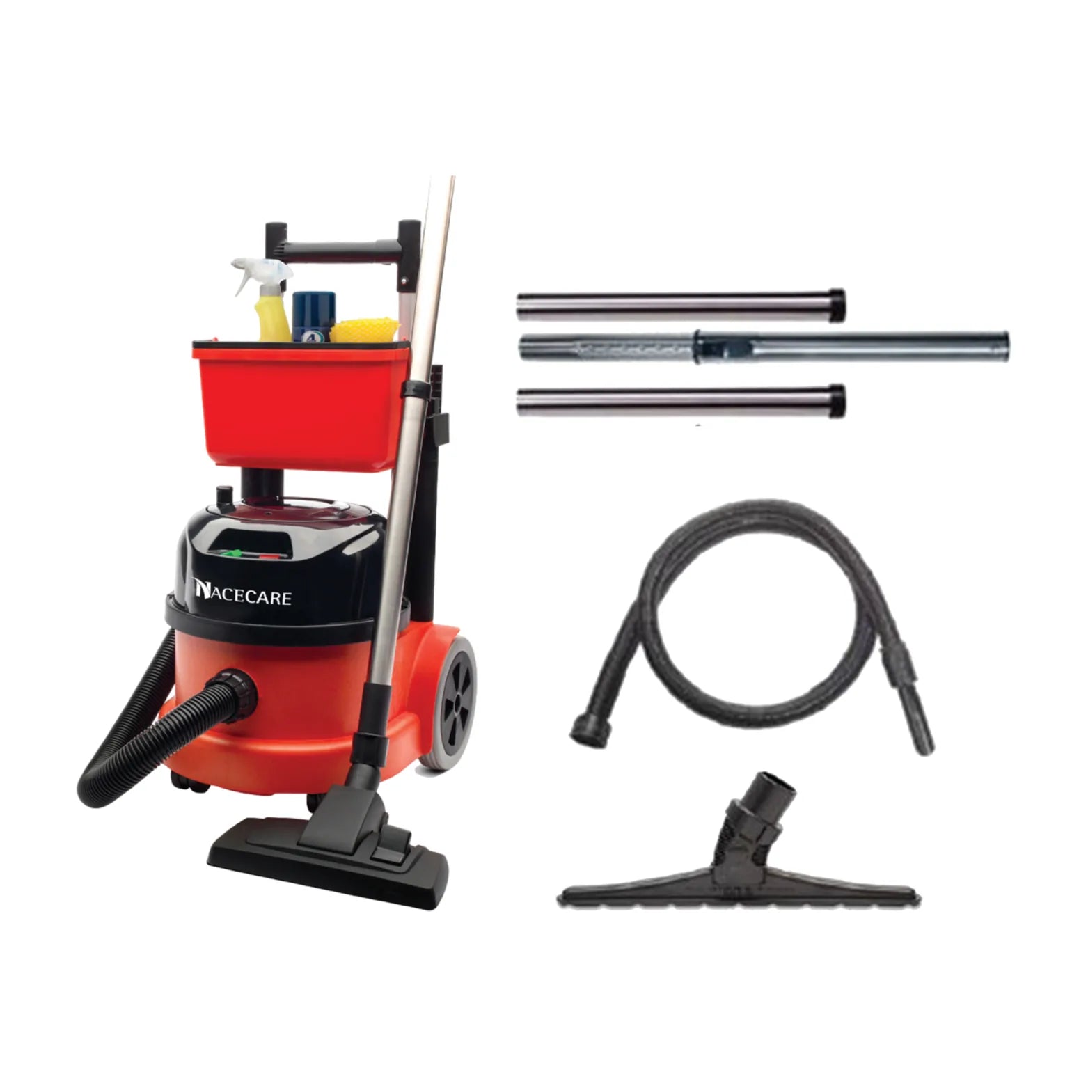 PPR 390 trolley canister vacuum next to the AST6 kit with 15-inch carpet productivity tool