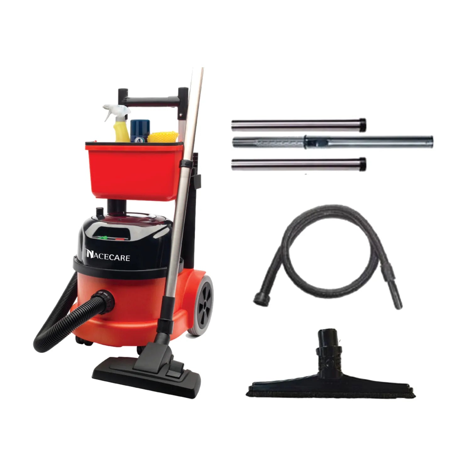 PPR 390 trolley canister vacuum next to the AST8 kit with 15-inch hard floor tool