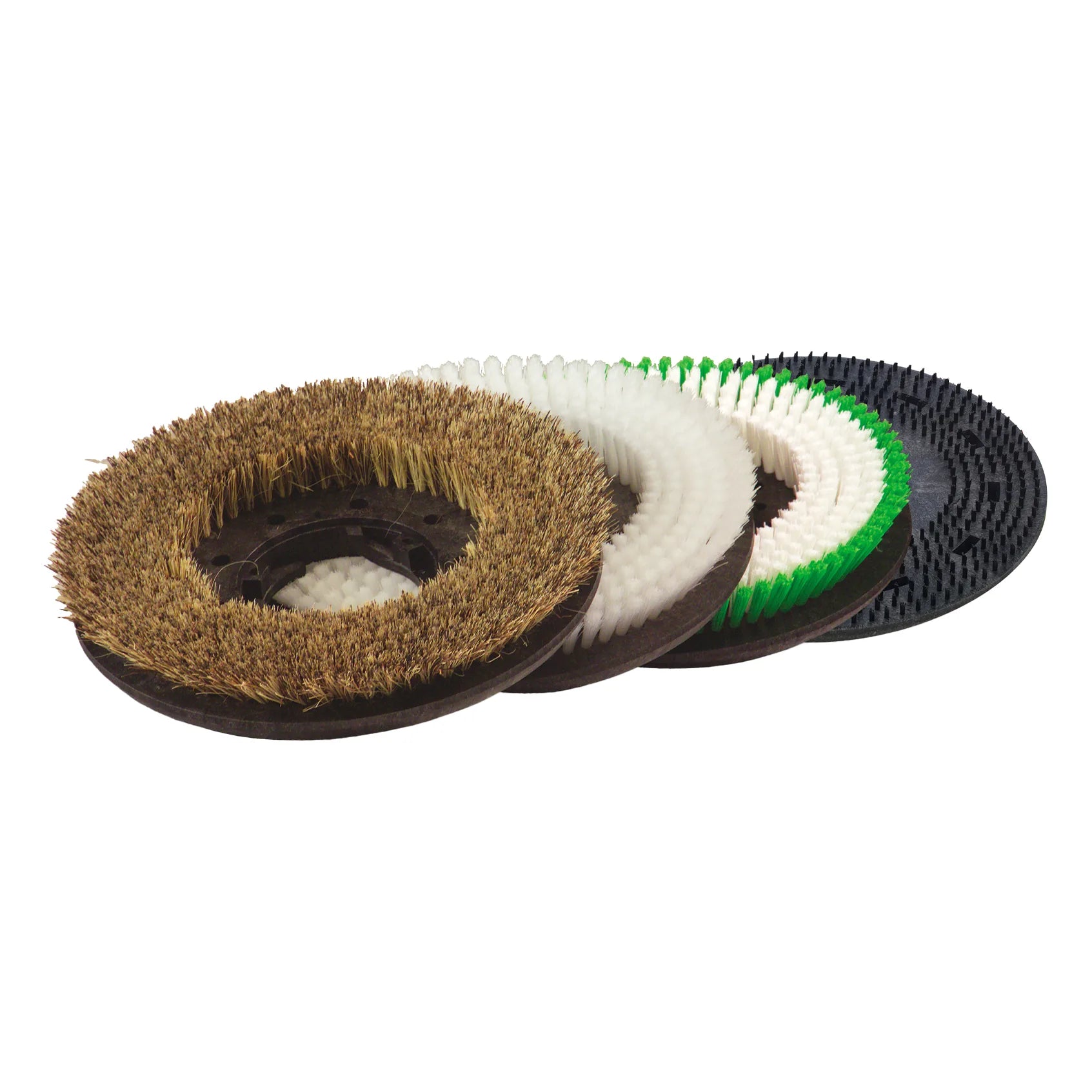 Brushes and pad driver options for the NaceCare TBL 1120, from a soft polypropylene brush to a pad drive board