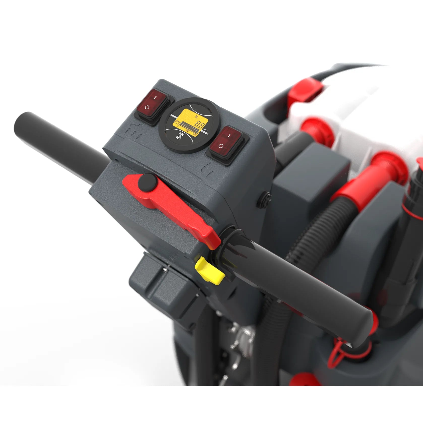 Close-up of the NaceCare TBL 1120 control panel with the battery gauge, hour meter, vacuum and water switches