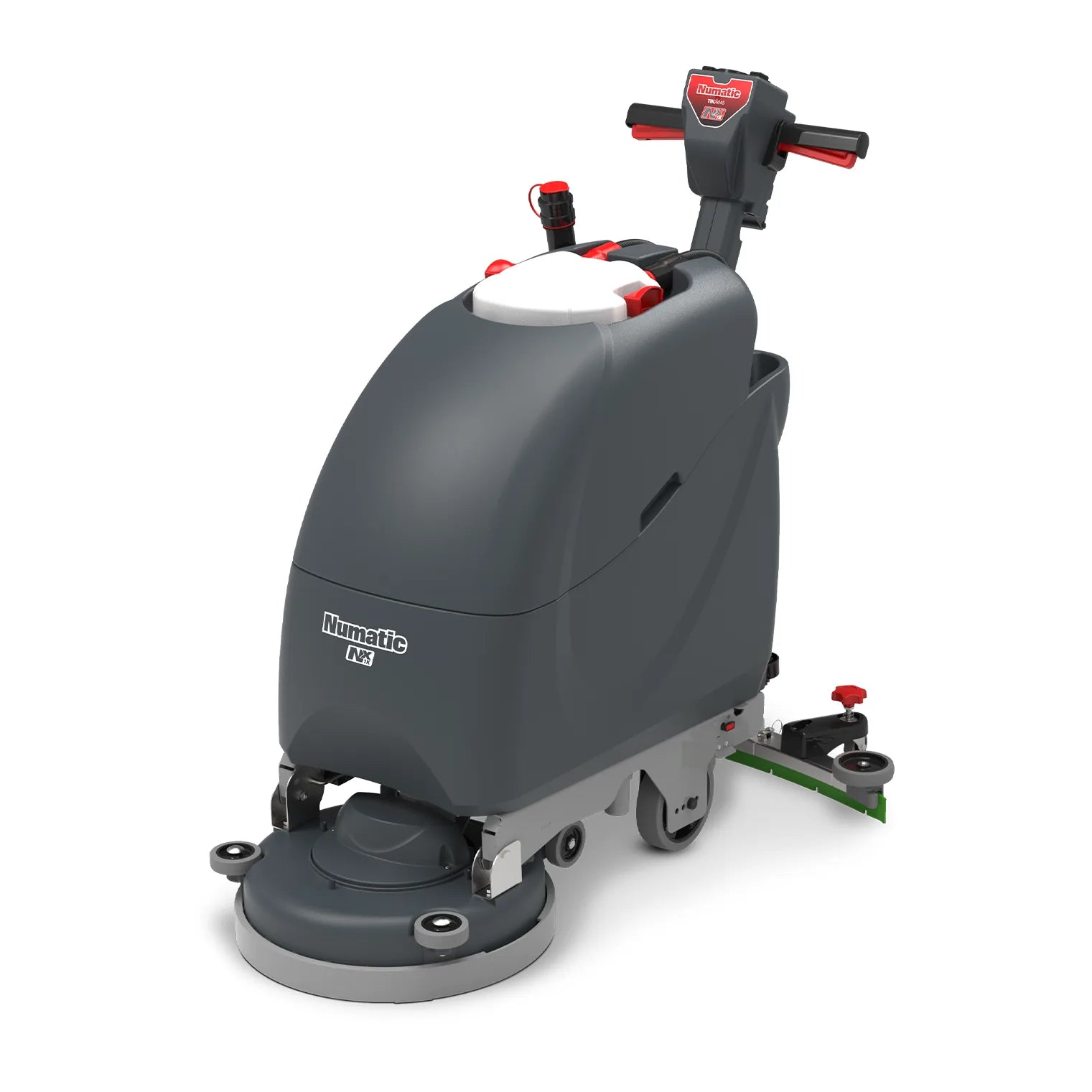 NaceCare TBL 1120 20-inch cordless walk-behind floor scrubber, front left view, gray body with red handle grips