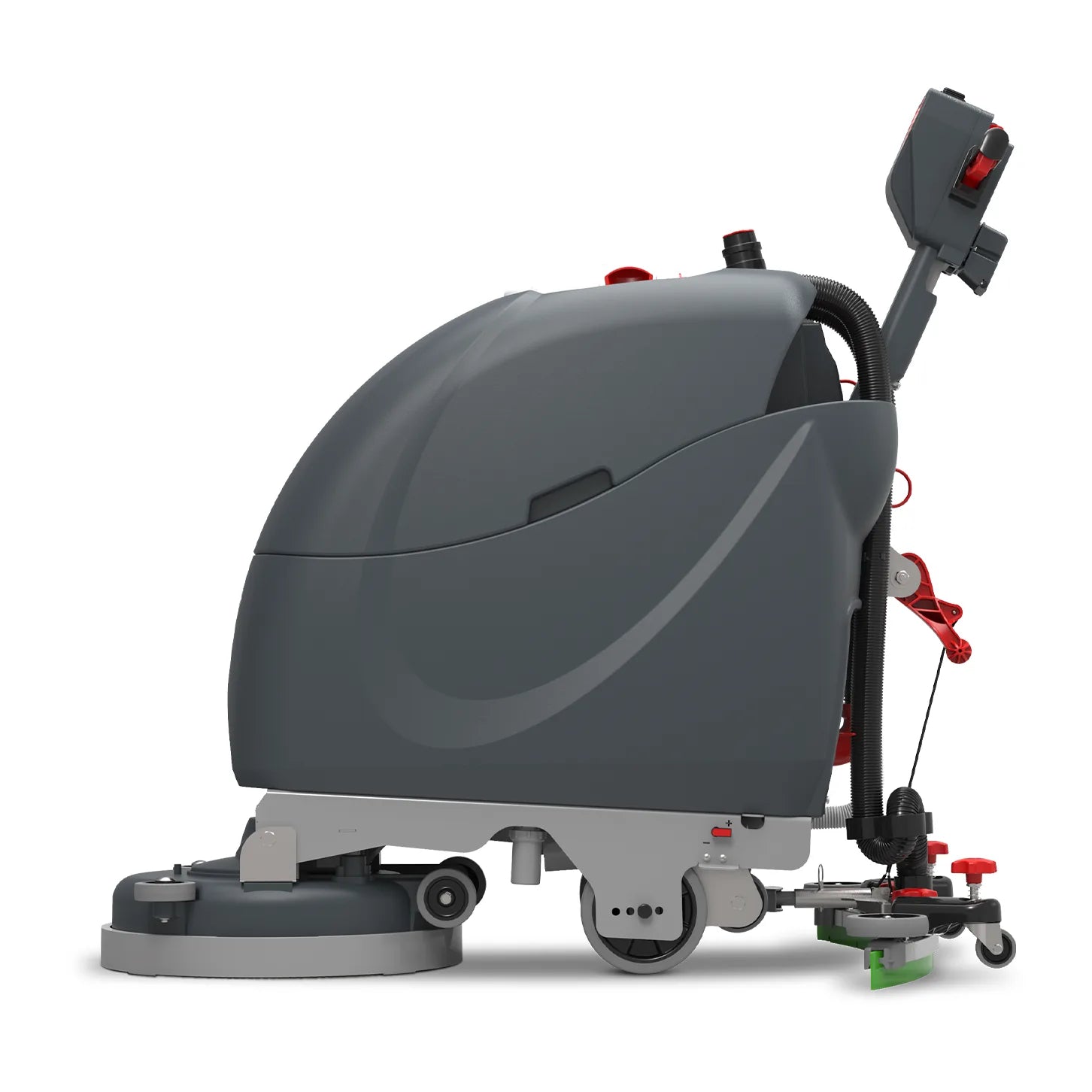NaceCare TBL 1120 floor scrubber, left side profile with the brush deck at the front and the squeegee at the rear
