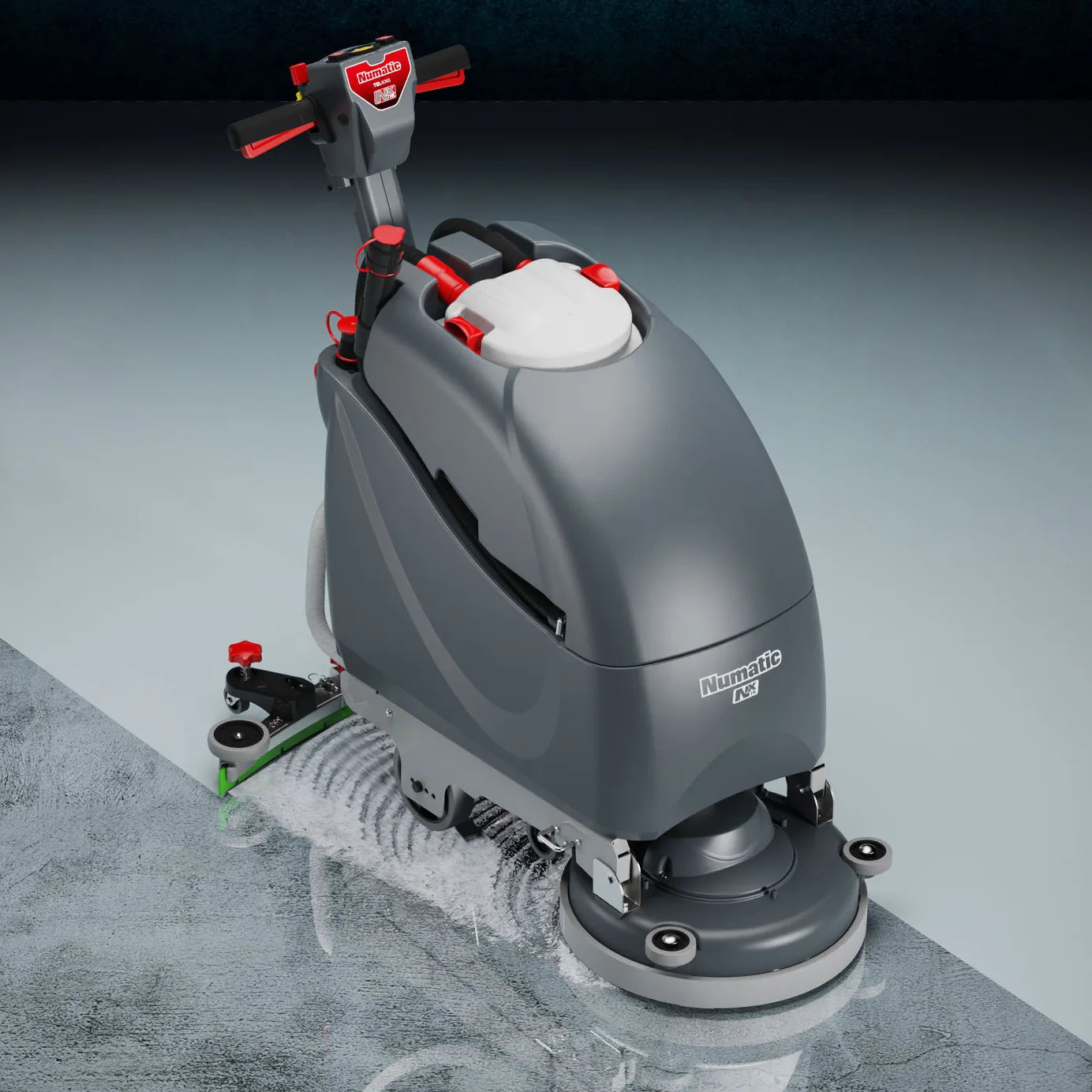 NaceCare TBL 1120 scrubbing a sealed floor, leaving a dry path behind the squeegee