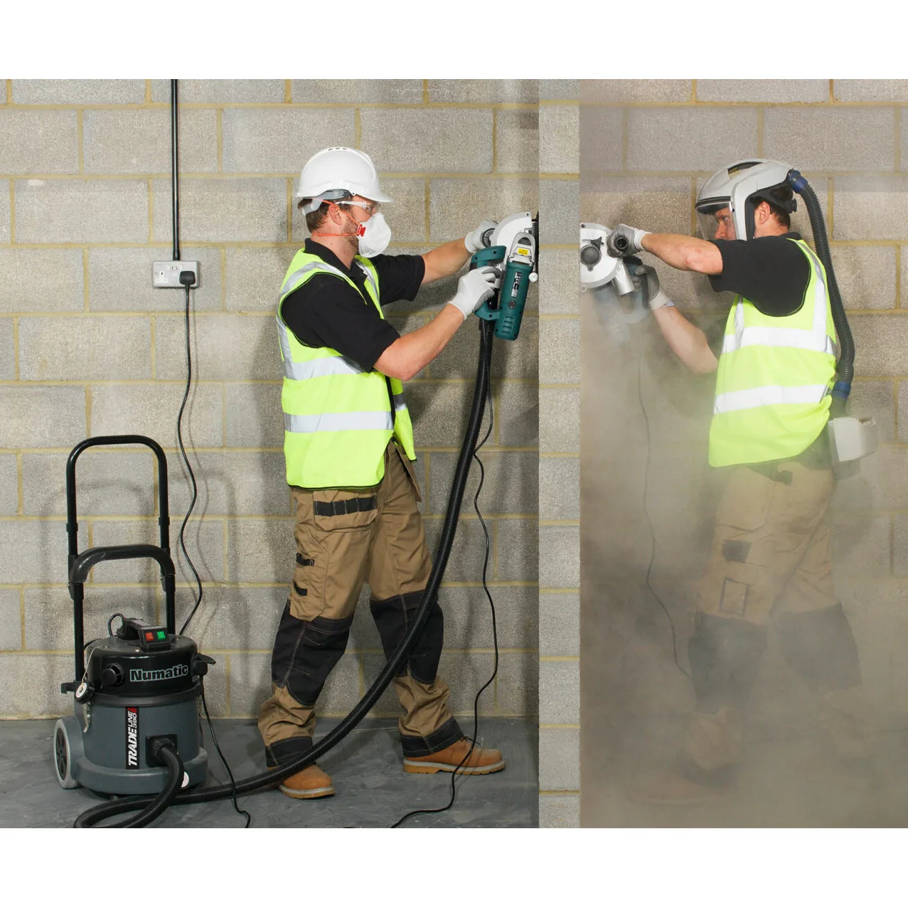 Workers drilling a wall with the TEL 390 HEPA vacuum ready to collect the dust