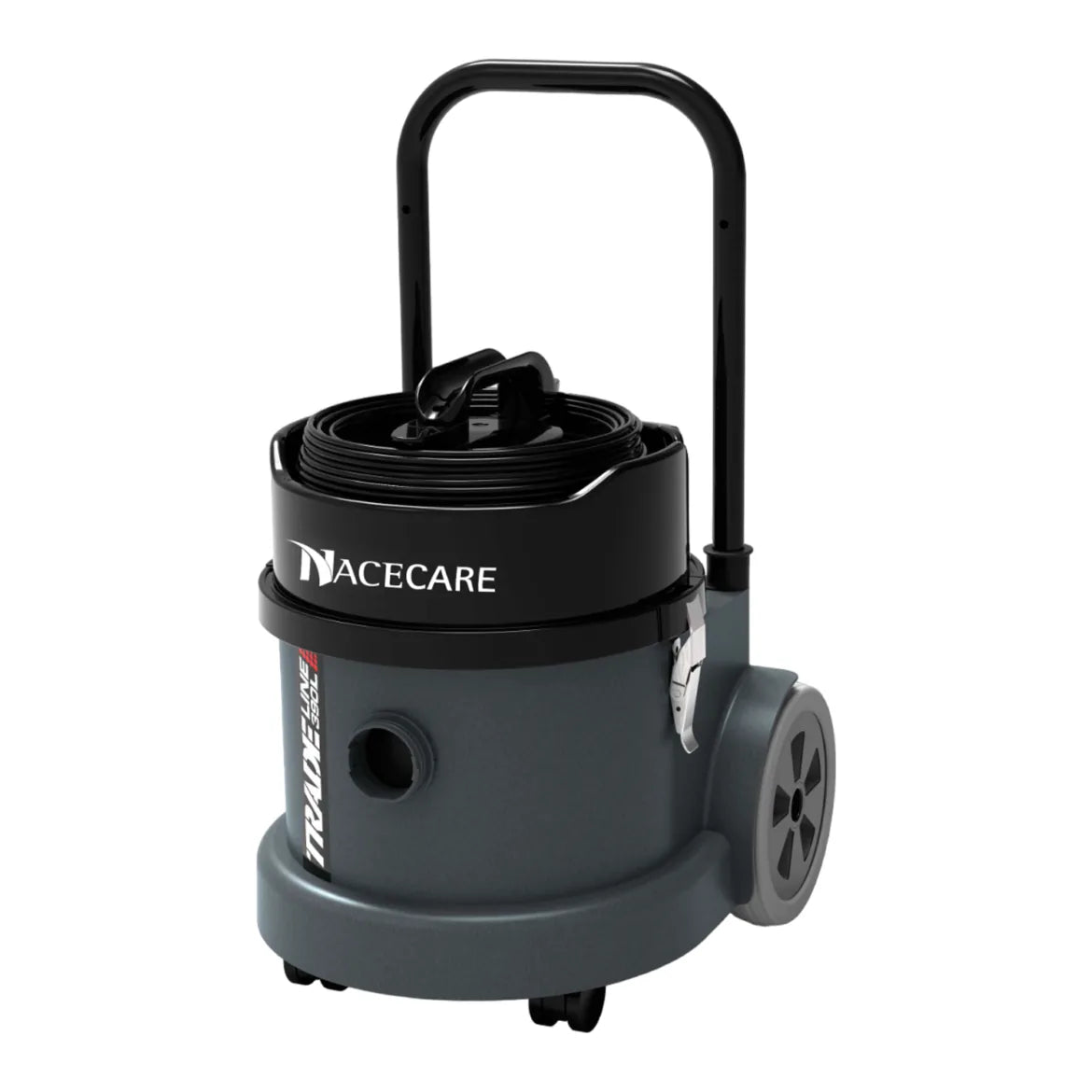 TEL 390 HEPA fine dust vacuum with hose and floor tool, angled view