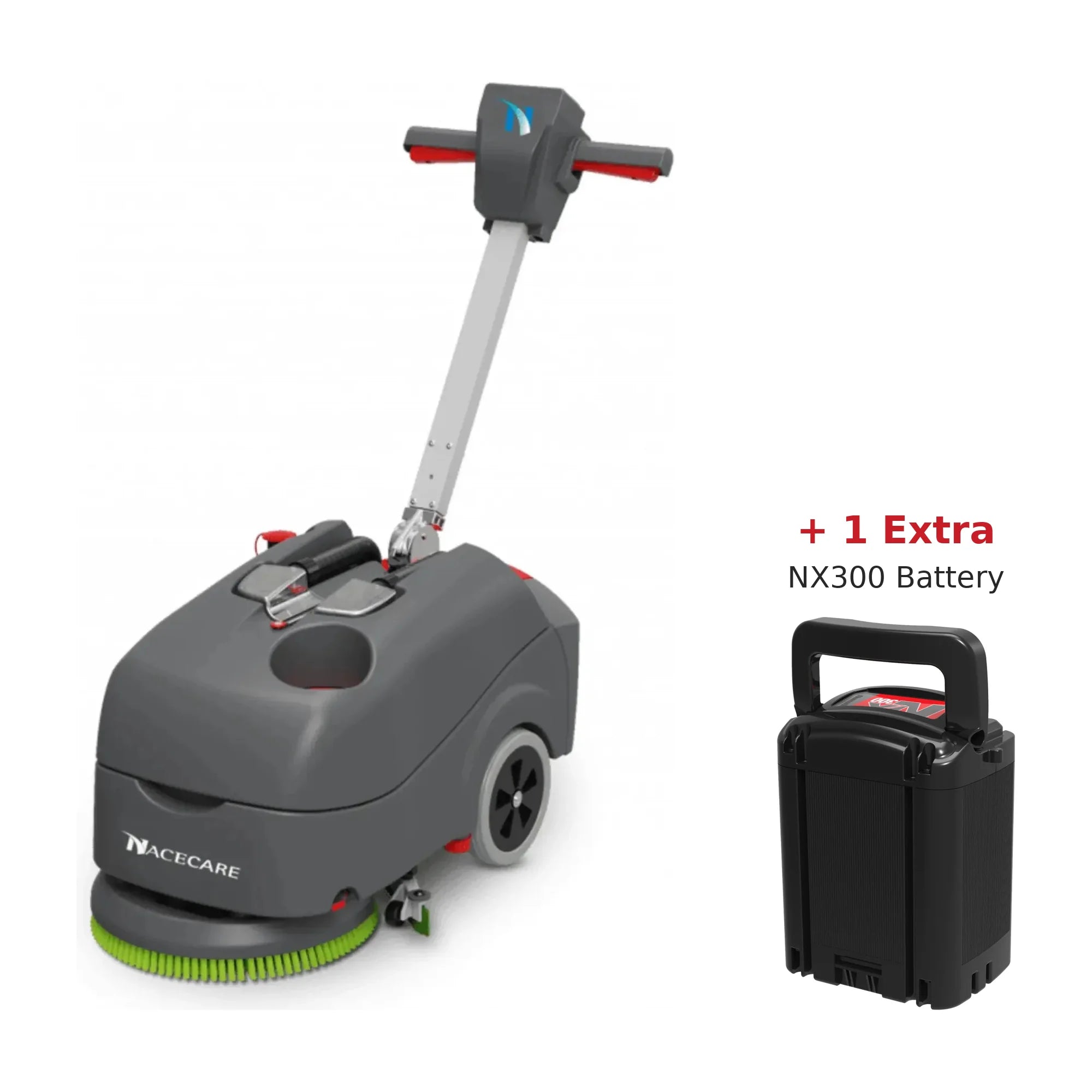 NaceCare TGB 516NX compact battery scrubber shown with an extra NX300 lithium battery (two-battery package)