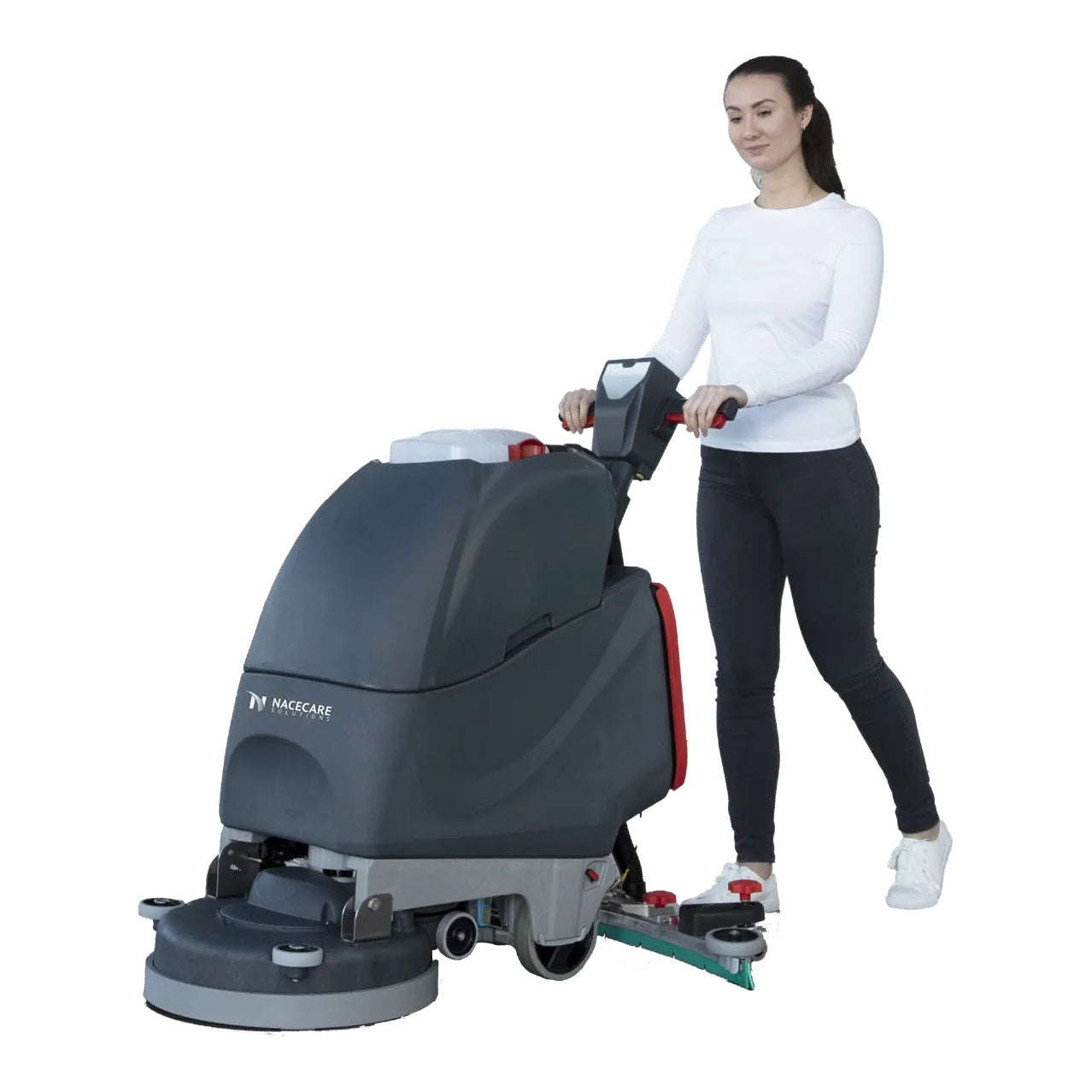 Operator walking behind the NaceCare TGB 817NX floor scrubber