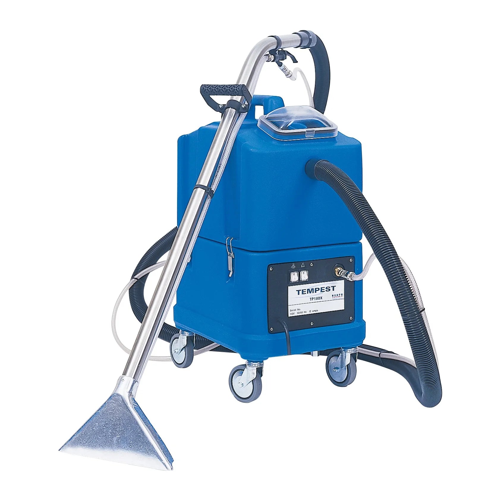 NaceCare TP 8X Tempest box carpet extractor with its stainless 3-jet wand and hoses attached