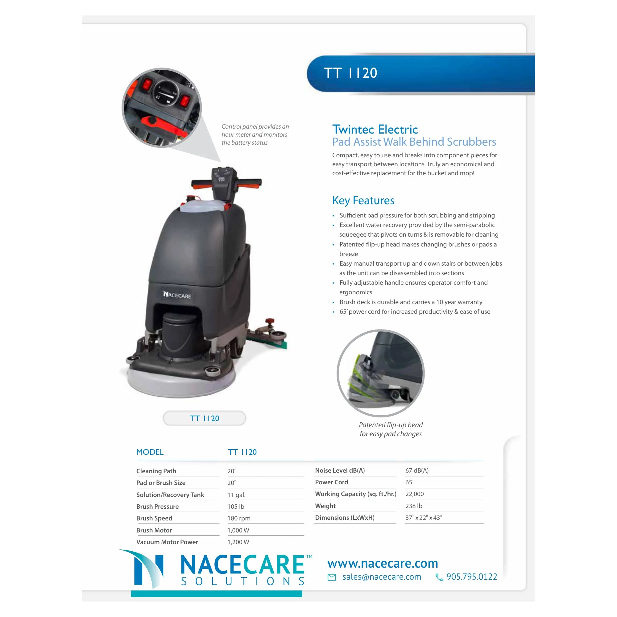 NaceCare TT 1120 spec sheet with 20-inch path, 11 gallon tanks, 105 lb brush pressure and 65 ft cord