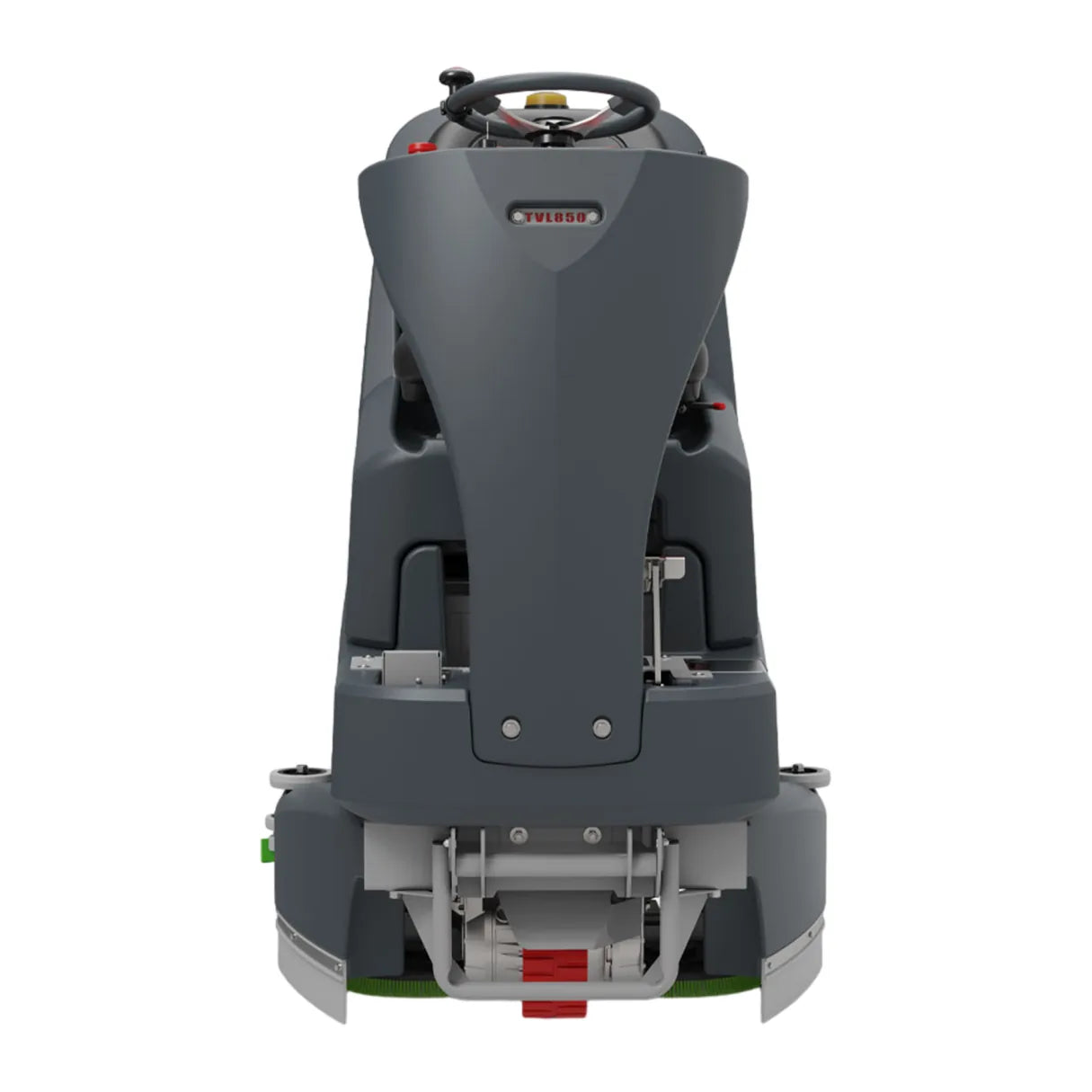 Front view of the NaceCare TVL 850 ride-on floor scrubber
