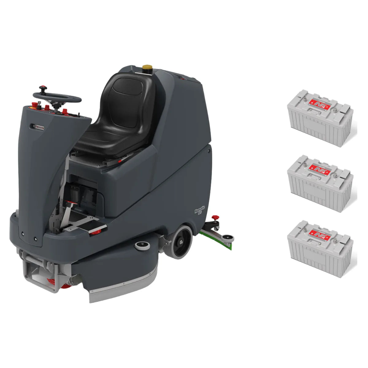 NaceCare TVL 850/150T ride-on scrubber with the three NX1K lithium batteries it ships with