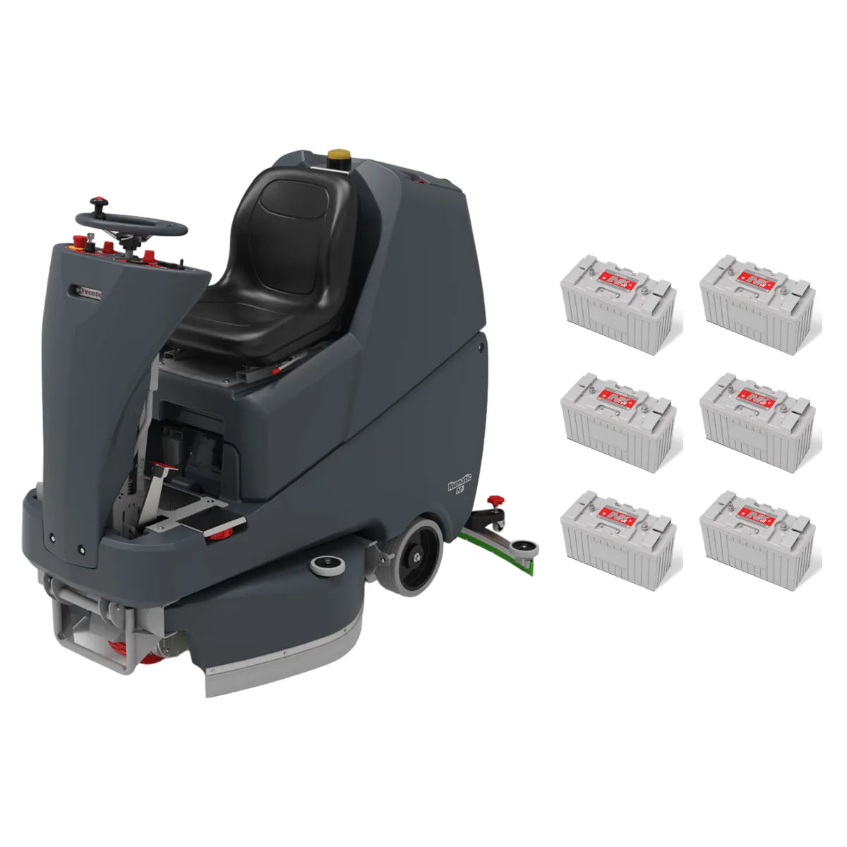 NaceCare TVL 850/300T ride-on scrubber with the six NX1K lithium batteries it ships with