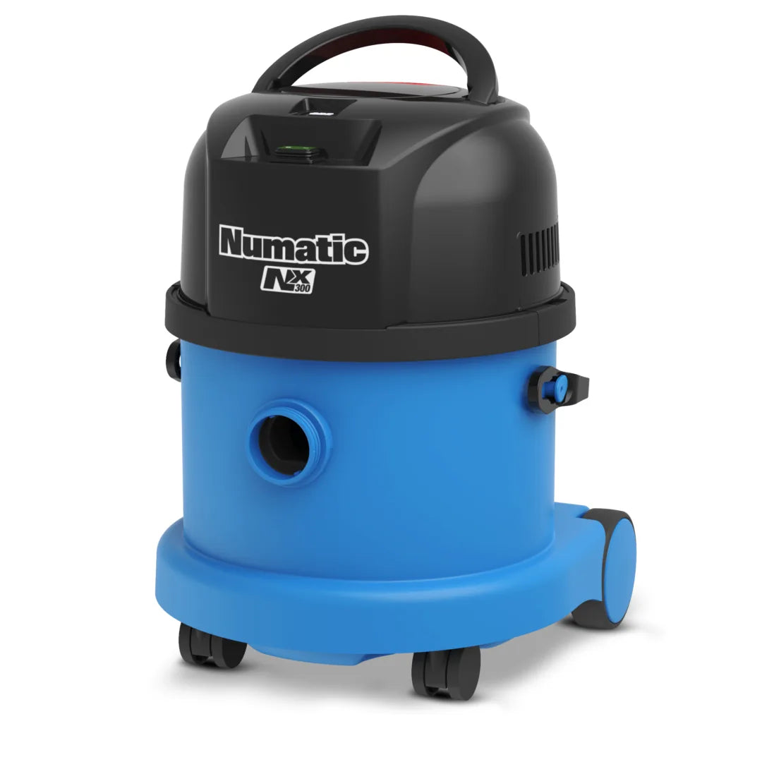 NaceCare WVB 370NX cordless wet/dry vacuum, blue tank and black power head, front angle