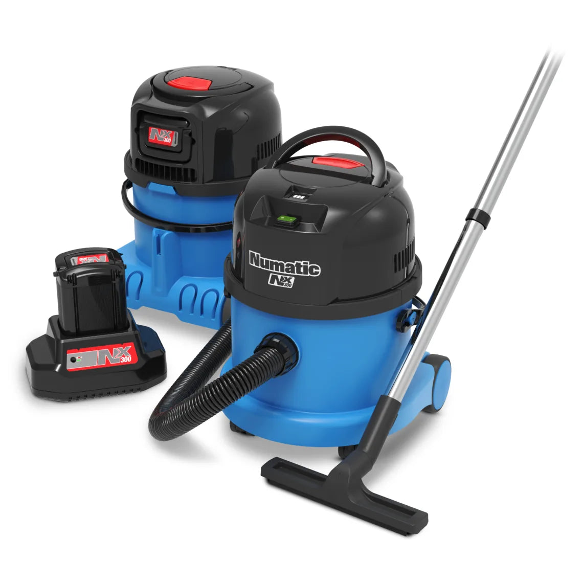 Two WVB 370NX vacuums shown with the NX300 battery charger