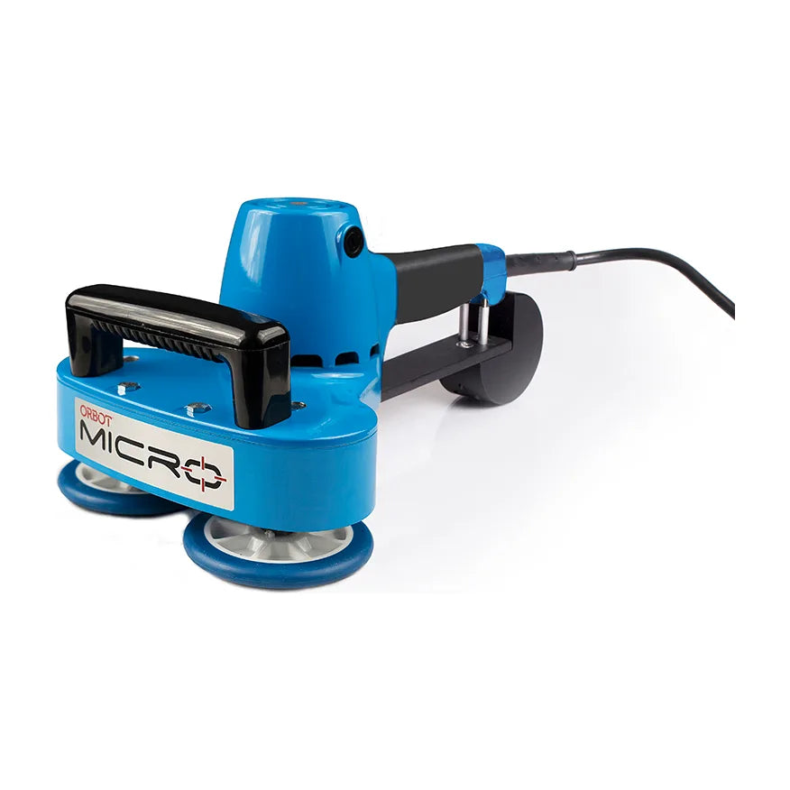 Orbot Micro stair and upholstery tool in blue with black handles and power cord, front left view on white