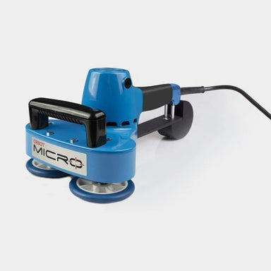 Orbot Micro twin-head stair and upholstery tool in blue with black handles and power cord, front left view