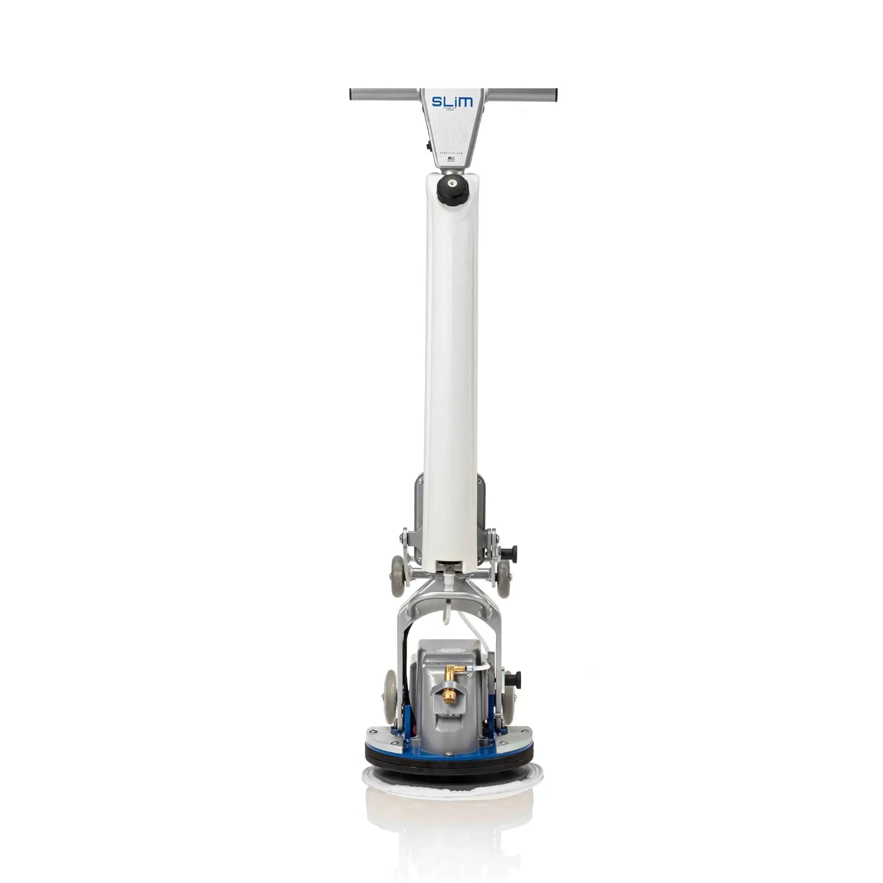 Orbot Slim Cordless Floor cleaning machine with a long arm and circular brush on a white background - Upright position, front View