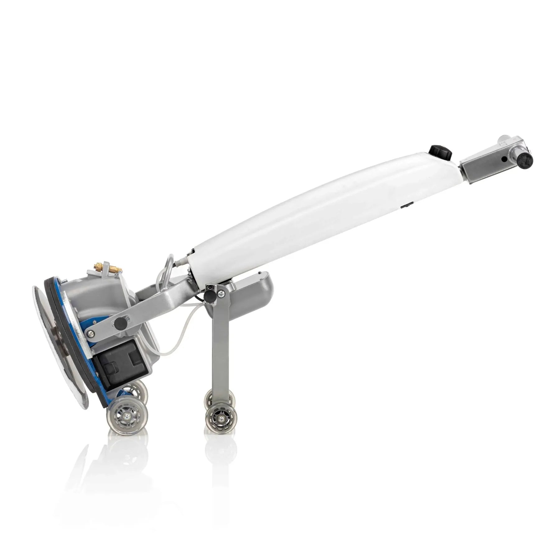 Orbot Slim Cordless Floor cleaning machine with a long arm and circular brush on a white background in Transport mode, left side view