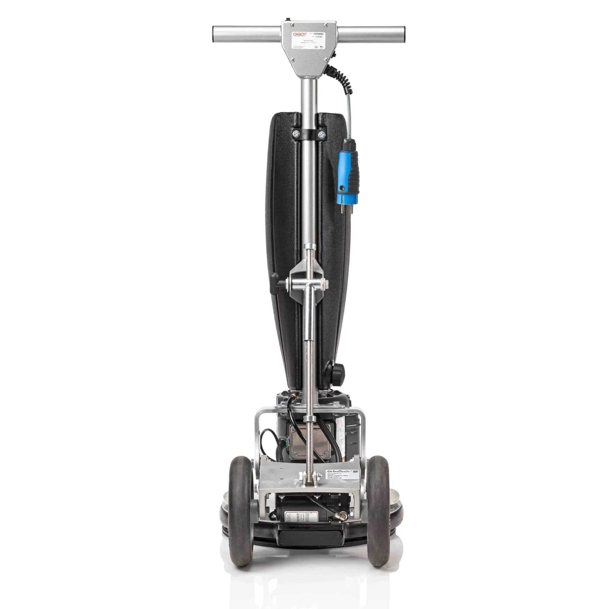 Orbot Vibe Oscilating Carpet Cleaner, Rear View, Black with Steel Handle and Base