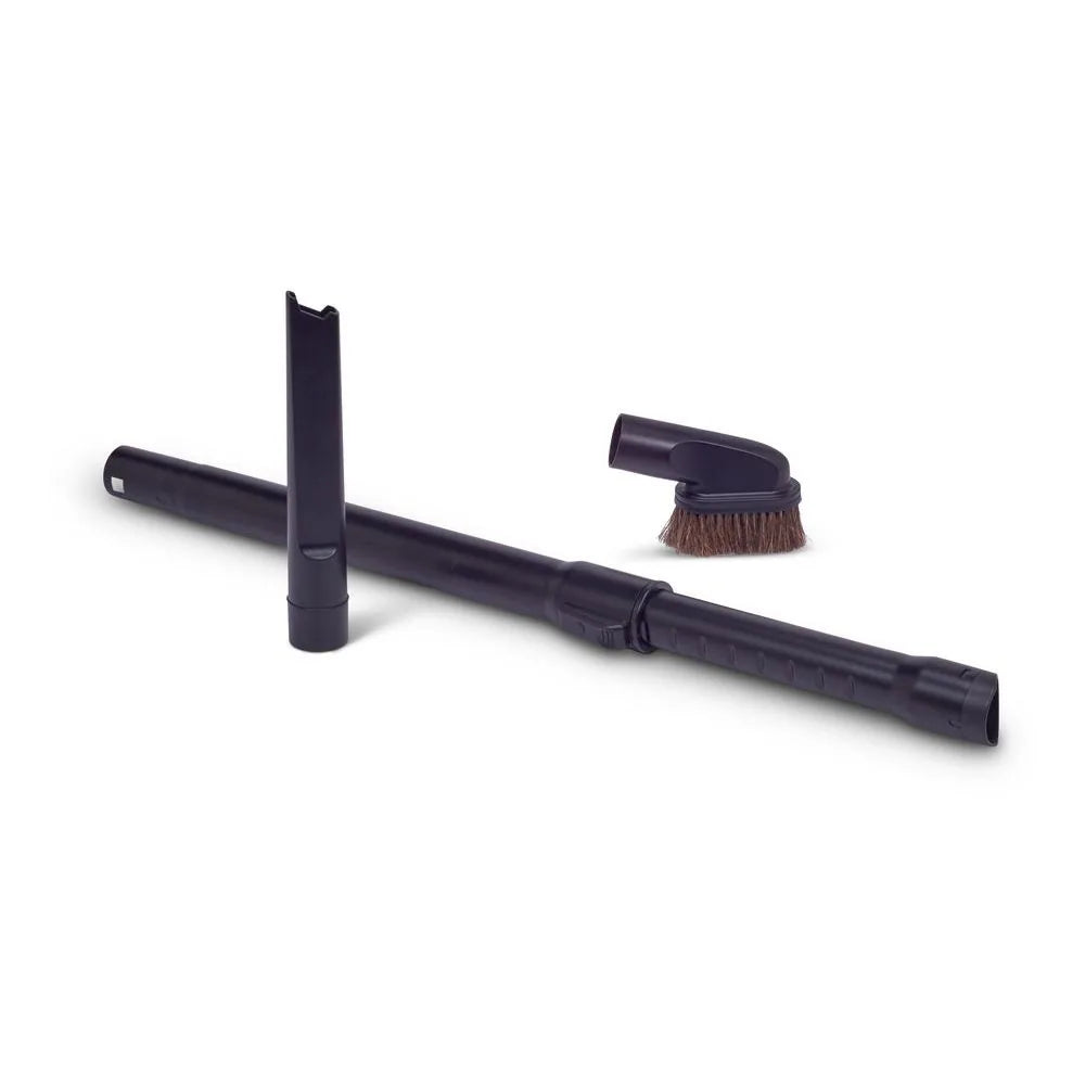 Borelli Dual Pro on-board tools: crevice tool, metal wand and dusting brush