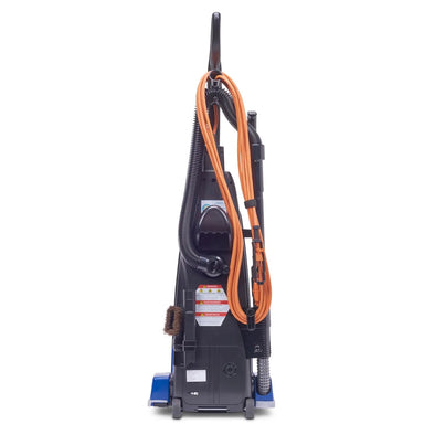 Powr-Flite Borelli Dual Pro upright vacuum, rear view with its two orange pigtail cords