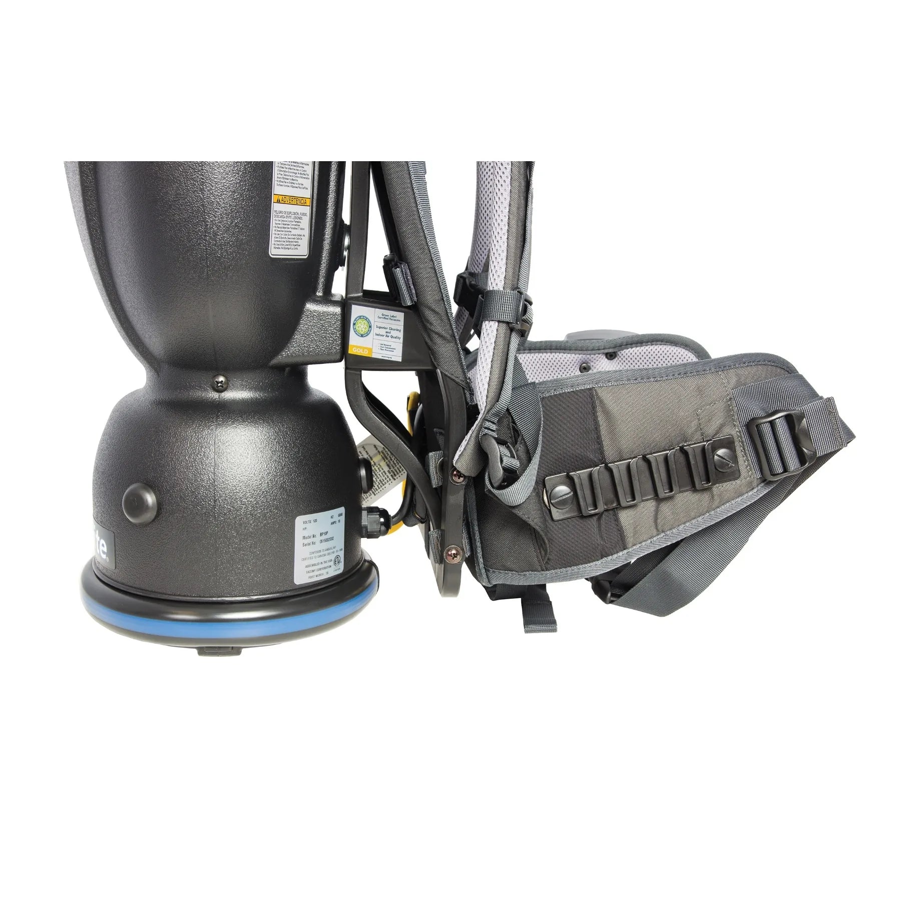 Close-up of the Comfort Pro BP6S padded hip belt and tool loops beside the canister