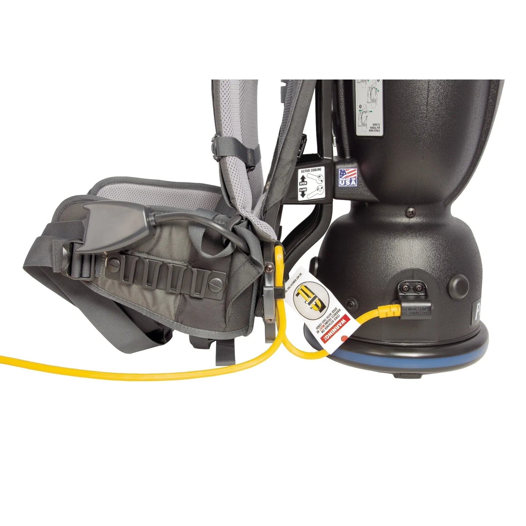 Close-up of the Comfort Pro BP6S right side with the yellow power cord plugged in at the base