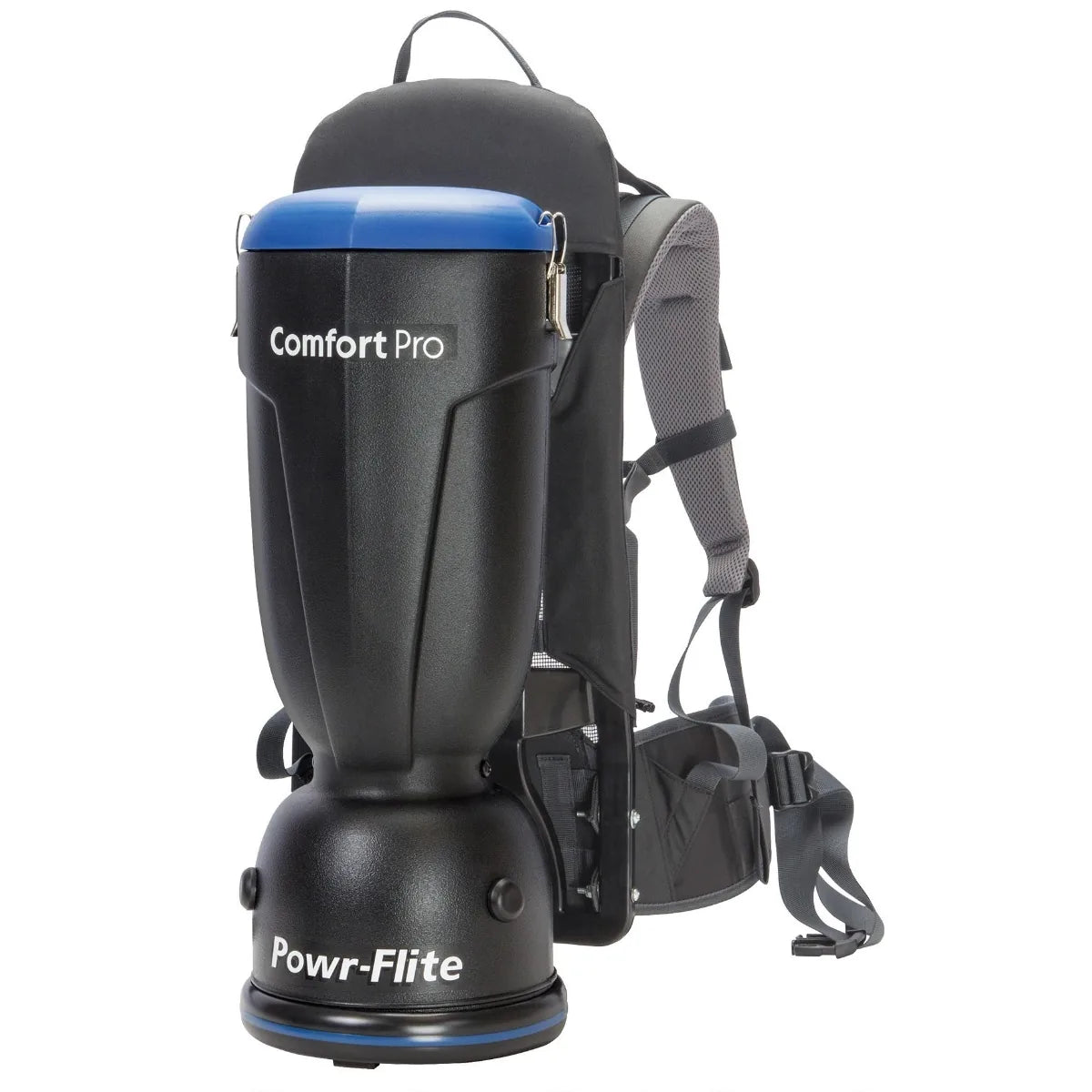 Powr-Flite Comfort Pro BP6S 6 quart backpack vacuum, front view with harness and hip belt