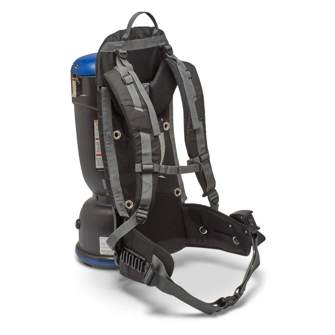 Comfort Pro BP6S backpack vacuum from a rear angle, showing the adjustable shoulder straps and hip belt