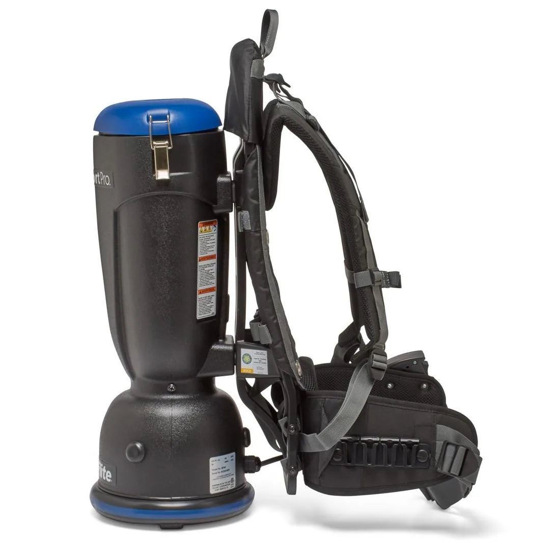 Comfort Pro BP6S backpack vacuum, side view showing the canister on its harness frame