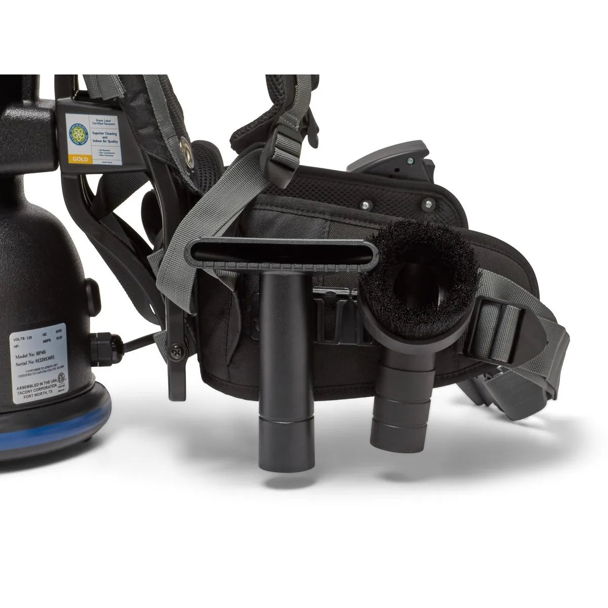 Comfort Pro BP6S cleaning tools clipped to the waist belt next to the canister