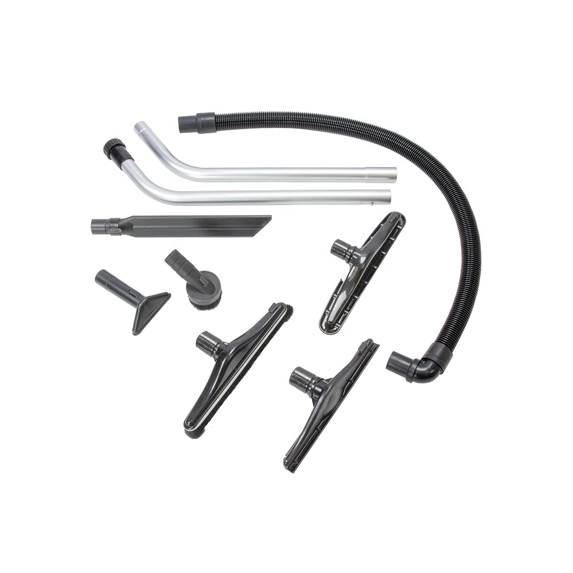 Comfort Pro BP6S standard tool kit: hose, two-section bent wand, carpet, Powr-Glide and hard floor tools, crevice, upholstery and dusting tools